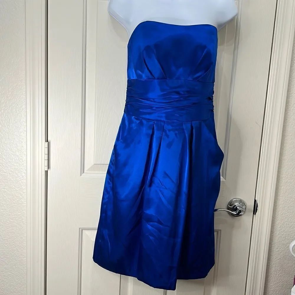 David’s Bridal Sz 8 Cobalt Blue Mini Prom Evening Formal Dress Pockets Strapless